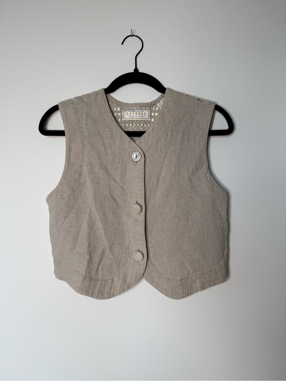 Express Neutral Beige Linen-Blend Button Vest With Crochet Back | Size Small